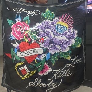 Ed Hardy Black Scarf with Colorful Tattoo Art Can Be A Beautiful Sarong! 43x43